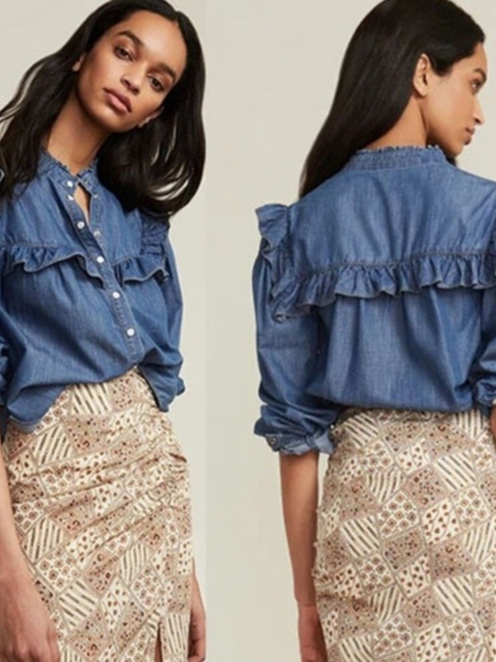 Veronica Beard Blue Ruffled Denim Shirt